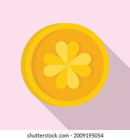 Gold clover coin icon flat vector. Irish golden coin. Luck clover medal