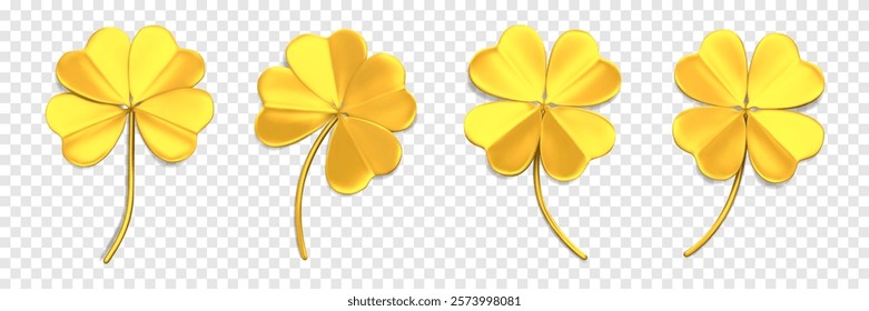 Gold clover icons with four leaves. 3D quatrefoil leaves. Shamrock symbol of lucky and Irish holiday St. Patrick Day. Design elements isolated on a transparent background