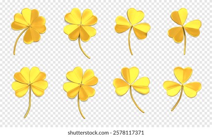 Gold clover icons with three and four leaves. 3D trefoil and quatrefoil leaves. Shamrock symbol of lucky and Irish holiday St. Patrick Day. Design elements isolated on a transparent background.