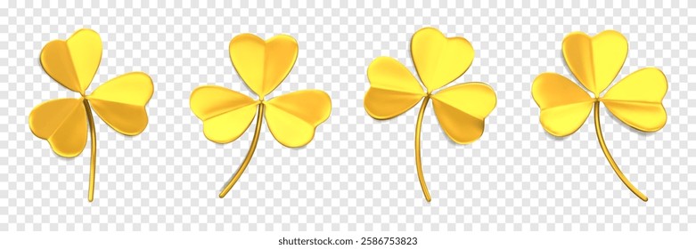 Gold clover icons with three leaves. 3D trefoil leaves. Shamrock symbol of lucky and Irish holiday St. Patrick Day. Design elements isolated on a transparent background