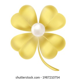 Gold clover leaf in realistic style. Golden shamrock jewellery. Beautiful artwork with gradient mesh. 