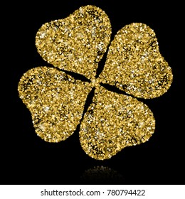 Gold Clover on Black Backgound. Vector Illustration. Star Confetti.