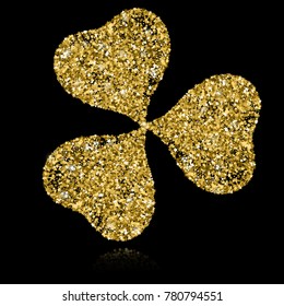 Gold Clover on Black Backgound. Vector Illustration. Star Confetti.