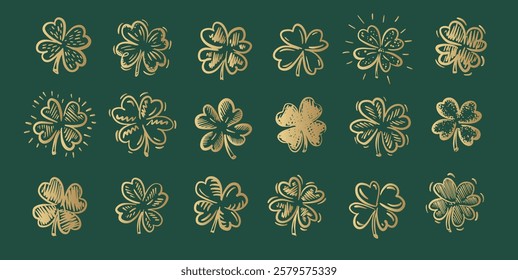 Gold Clover pattern on green, Saint Patricks Day, hand drawn illustrations.	