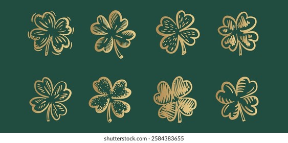 Gold Clover pattern on green, Saint Patricks Day, hand drawn illustrations.	