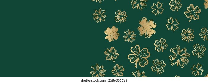 Gold Clover pattern on green, Saint Patricks Day, hand drawn illustrations