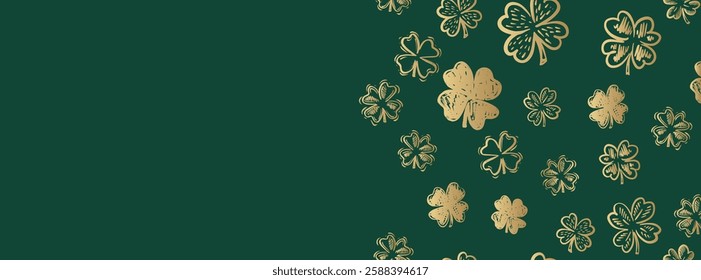 Gold Clover pattern on green, Saint Patricks Day, hand drawn illustrations.	