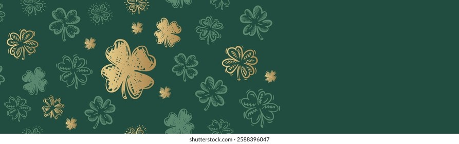 Gold Clover pattern on green, Saint Patricks Day, hand drawn illustrations.	