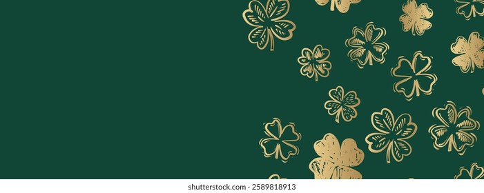 Gold Clover pattern on green, Saint Patricks Day, hand drawn illustrations.	