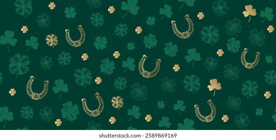 Gold clover pattern on green. Hand drawn illustrations. Patricks Day