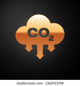 Gold CO2 emissions in cloud icon isolated on black background. Carbon dioxide formula symbol, smog pollution concept, environment concept. Vector Illustration