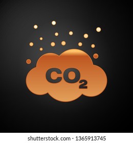 Gold CO2 emissions in cloud icon isolated on black background. Carbon dioxide formula symbol, smog pollution concept, environment concept. Vector Illustration