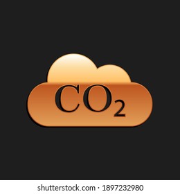 Gold CO2 emissions in cloud icon isolated on black background. Carbon dioxide formula symbol, smog pollution concept, environment, combustion products. Long shadow style. Vector.