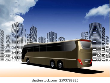 Gold coach bus driving through city against backdrop of skyscrapers and blue sky with clouds. Hand drawn Illustration