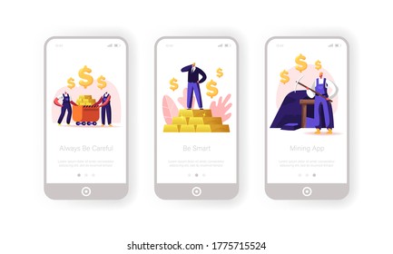 Gold or Coal Mining Mobile App Page Onboard Screen Template. Worker Characters with Pickaxe and Gold Bars in Trolley at Work in Quarry. Extraction Industry Concept. Cartoon People Vector Illustration