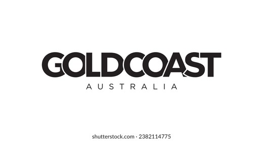 Gold Coast in the Australia emblem for print and web. Design features geometric style, vector illustration with bold typography in modern font. Graphic slogan lettering isolated on white background.