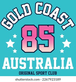 Gold Coast Australia Original Club Sport. College Varsity design. Spring Summer with stars in background.