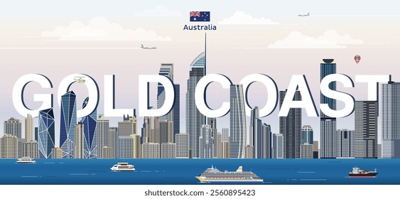 Gold Coast city skyline colorful vector illustration. Travel poster