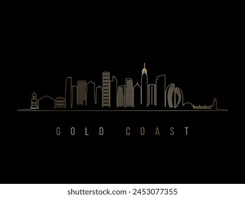 Gold Coast skyline silhouette. Gold Coast architecture. Golden cityscape with landmarks. Business travel concept.