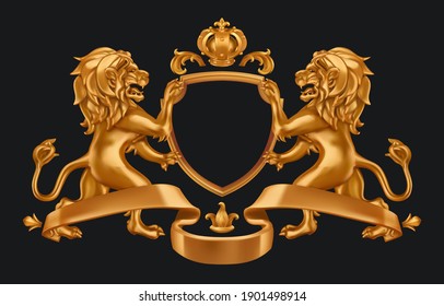 Gold coat of arms lions and crown. 3d vector illustration on black background