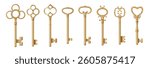 Gold coated realistic keys set with luxury designs. Vector vintage metal devices with notched blade. Various shapes and sizes of passkey collection. Simple retro design of golden lockpicks