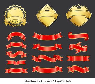 Gold coats of arms with ribbons decoration vector icon. Shiny shields with crown shape at top and stars, wrapped in scroll string, red strips decor