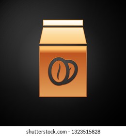 Gold Coffee beans in bag icon isolated on black background. Vector Illustration