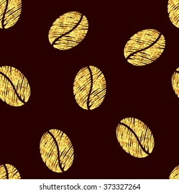 Gold coffee beans seamless pattern. Vector background with sparkling elements. 