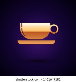 Gold Coffee cup flat icon isolated on dark blue background. Tea cup. Hot drink coffee.  Vector Illustration