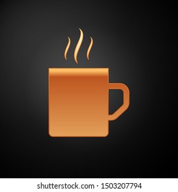 Gold Coffee cup flat icon isolated on black background. Tea cup. Hot drink coffee.  Vector Illustration