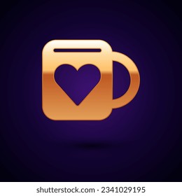 Gold Coffee cup and heart icon isolated on black background. Couple coffee for lovers on Valentines Day.  Vector