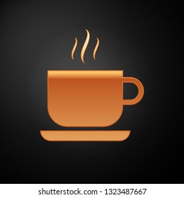 Gold Coffee cup icon isolated on black background. Tea cup. Hot drink coffee. Vector Illustration
