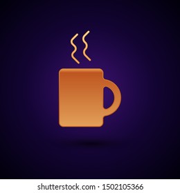 Gold Coffee cup icon isolated on dark blue background. Tea cup. Hot drink coffee.  Vector Illustration