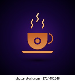 Gold Coffee cup icon isolated on black background. Tea cup. Hot drink coffee.  Vector Illustration