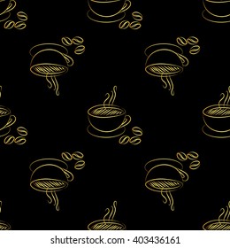 Gold coffee cup seamless on black background. vector illustration