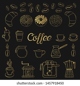 Gold coffee elements: beans, cups, coffee machine, grinder, pots and kettle, donuts and croissant outlines for shop, cafe or menu background. 