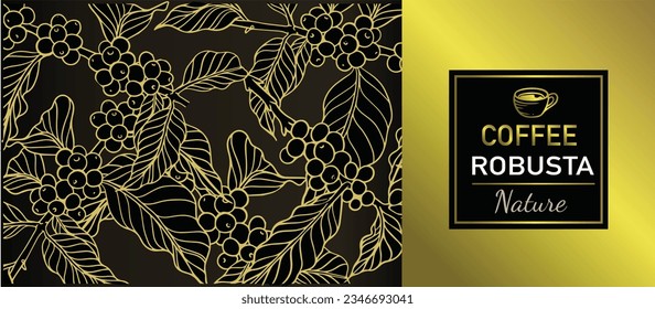 gold coffee label of classic ink drawing sketch for label packaging, sticker, poster, banner, promotion, brochure, cover, advertising, menu, coffee shop, background