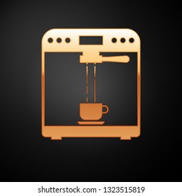 Gold Coffee machine and coffee cup icon isolated on black background. Vector Illustration