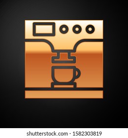 Gold Coffee machine and coffee cup icon isolated on black background.  Vector Illustration