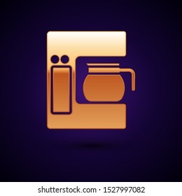 Gold Coffee machine with glass pot icon isolated on dark blue background.  Vector Illustration