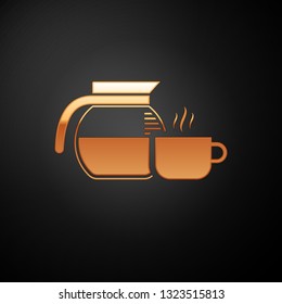 Gold Coffee pot with cup icon isolated on black background. Vector Illustration