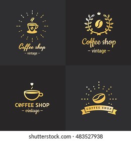 Gold coffee shop vintage hipster logo vector set on the black background. Part two.