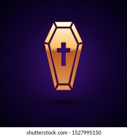 Gold Coffin with christian cross icon isolated on dark blue background. Happy Halloween party.  Vector Illustration