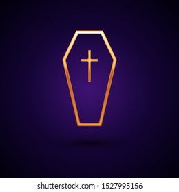 Gold Coffin with christian cross icon isolated on dark blue background. Happy Halloween party.  Vector Illustration