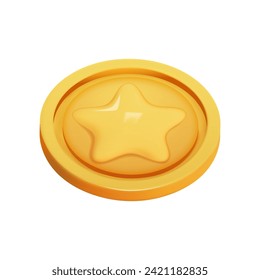 Gold Coin 3d render isolated. Game Money on white background. Coin with star for game reward and prize. Vector 3d illustration.