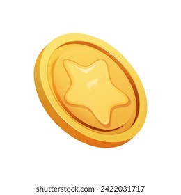 Gold Coin 3d render isolated. Game Money on white background. Coin with star for game reward and prize. Vector 3d illustration.