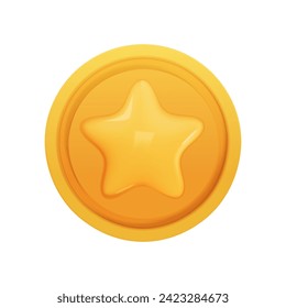 Gold Coin 3d render isolated. Game Money on white background. Coin with star for game reward and prize. Vector 3d illustration.