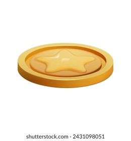 Gold Coin 3d render isolated. Game Money on white background. Coin with star for game reward and prize. Vector 3d illustration.