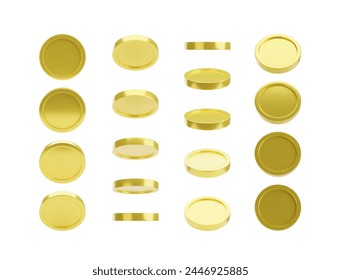 Gold coin 3d vector. Rotation coin in different angles for animations, games, video. Set of rotating golden coins on white isolated background. Realistic 3d icons of money