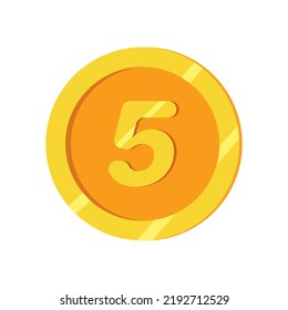 Gold coin with 5 number. Vector illustration isolated on white background
